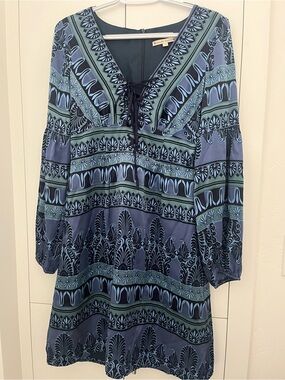 Nanette Lepore Blue and Green Patterned Long Sleeve Dress